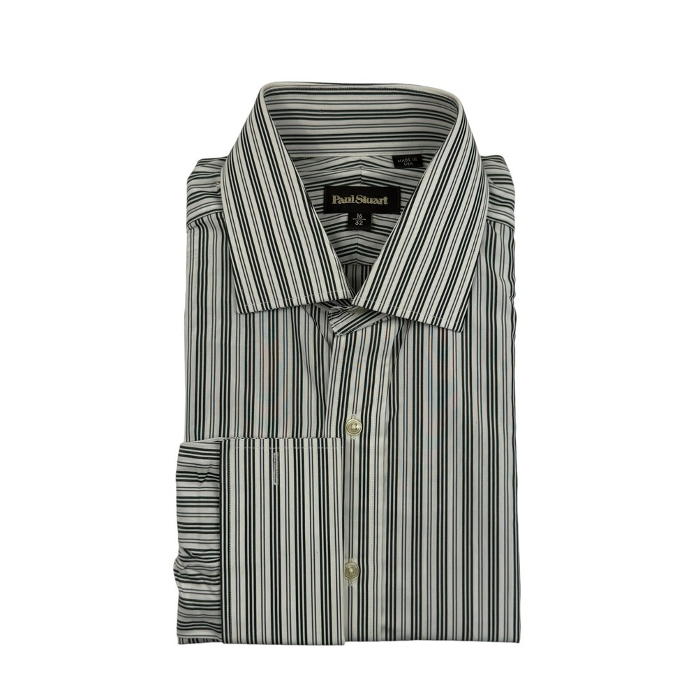 Paul Stuart White Gray Black Striped Cotton Mens Button Front Size 16/32 NWT 228